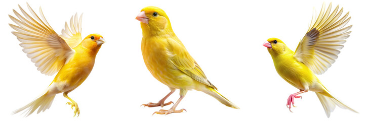 Naklejka premium Set of A bright yellow canary bird captured in flight and perched, highlighting its vibrant feathers and delicate features. Perfect for pet and nature photography on transparent background