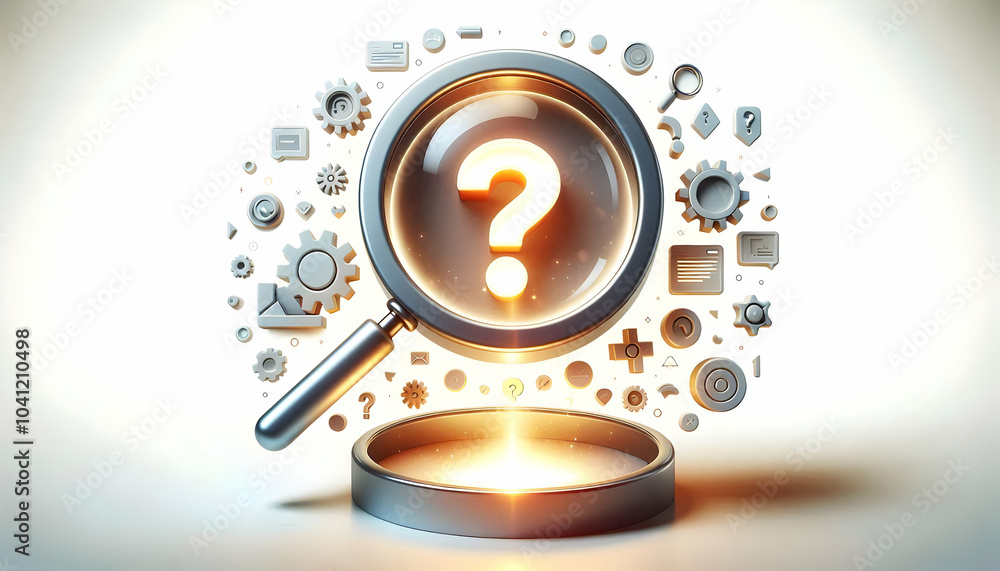 Poster 3d magnifying glass with glowing question mark symbolizing discovery problem solving innovation tren