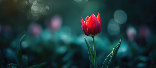 Obraz premium Fragile Beauty Of Red Closed Tulip Flower In Garden Soft Focus On The Old Retro Lens