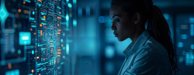 Futuristic woman analyzing digital data interface in dark room
