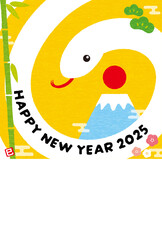 2025年巳年の年賀状、富士山を囲む白い蛇