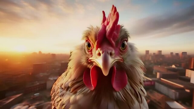 Video recreation of a furious hen staring in the top of a building in a city at sunset.