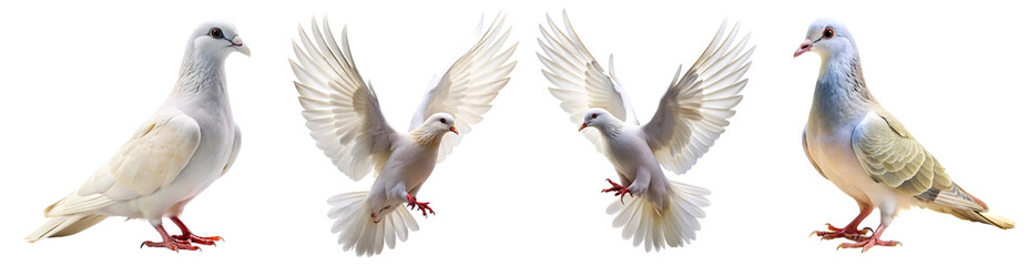Set of A graceful white dove captured in flight and perched, symbolizing peace and purity. Ideal for nature, wildlife, and symbolic photography on transparent background