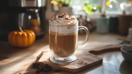 Glass of warm coffee topped with pumpkin spice and chocolate featuring whipped milk foam in a bright modern kitchen setting