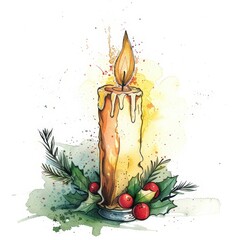 Watercolor Christmas candle, fir branches isolated on white background. Winter holiday xmas celebration illustration