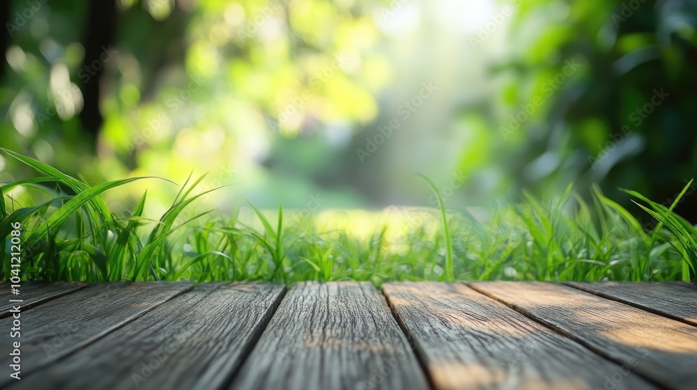 Poster lush green grass emerges between wooden planks creating an open space against a softly blurred backd