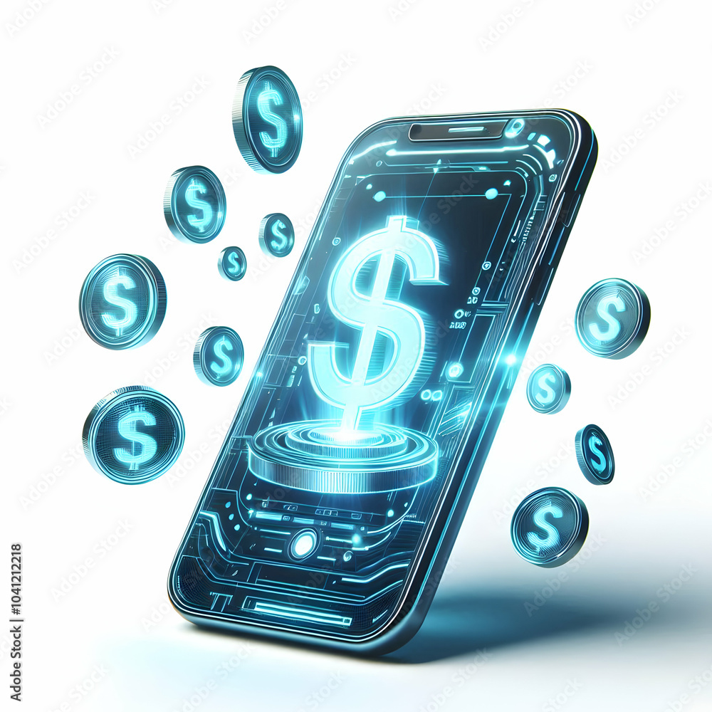 Poster 3d holographic smartphone floating app icons glossy design blank copy space for branding unique futu
