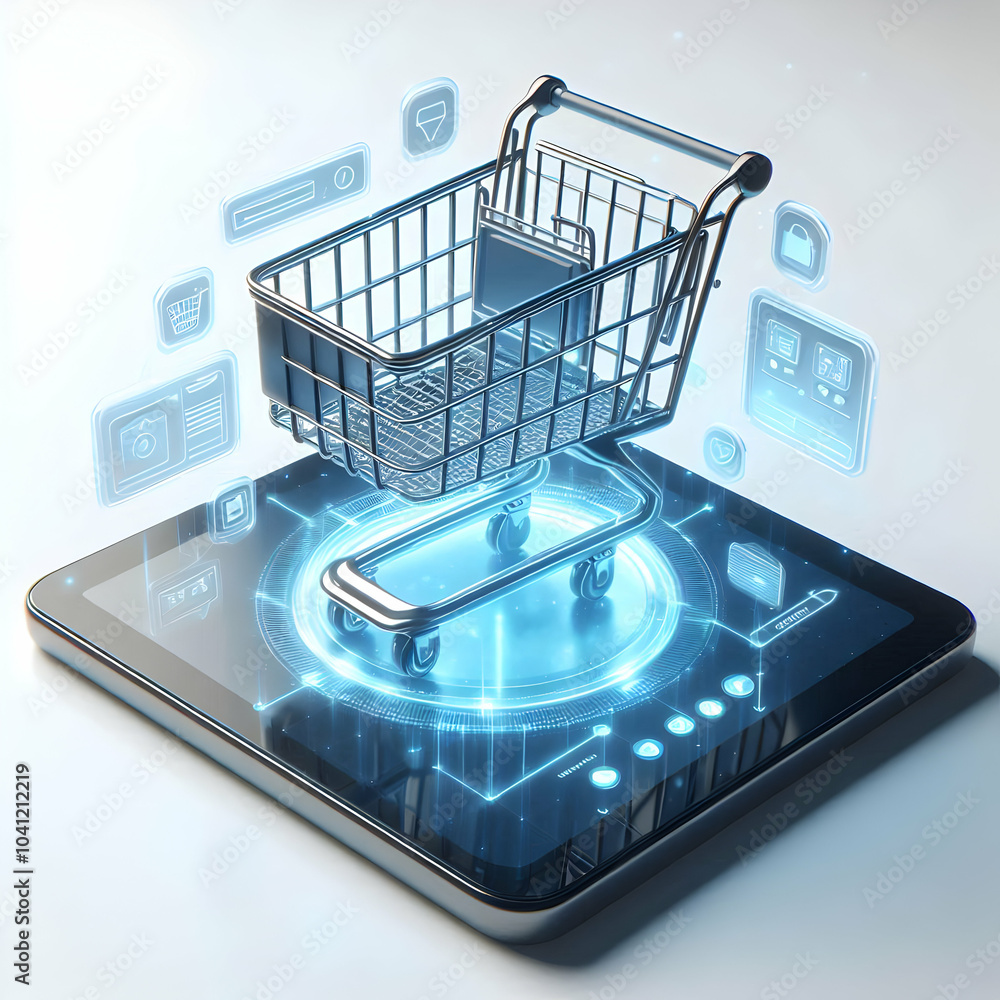 Poster 3d floating tablet holographic shopping cart concept close up glossy tablet hovering white space dis