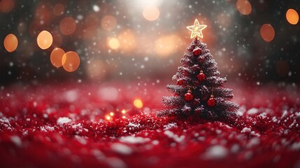 Obraz premium Christmas background with xmas tree and sparkle bokeh lights on red canvas background