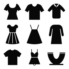 Set of black Clothing Line Icons Including T shirt, Dress and More on white background