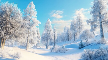 Fototapeta premium Serene winter scene featuring a snowy forest with icy trees and a clear blue sky creating a beautiful backdrop for the holiday season with fresh snowfall and frosty accents