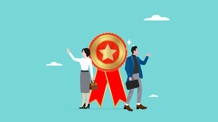 Professional or expert, success employee and win award, employee of the month, best office worker, specialist skill to achieve goal, success professional businessman and woman stand with star award