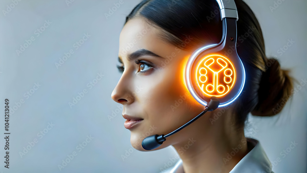 Poster close up ai headset glowing symbol macro shot customer support integration concept with copy space -
