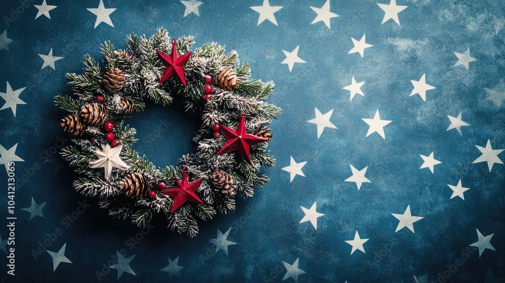 Poster rustic christmas wreath adorned with decorations on a blue star patterned background displayed in a 