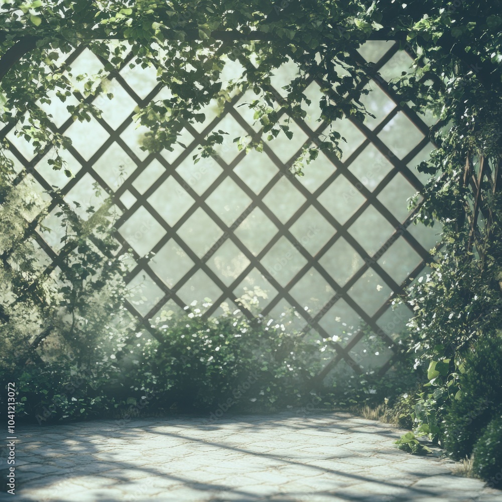 Poster a tranquil image of a garden trellis with climbing vines, natural light filtering through the grid, 