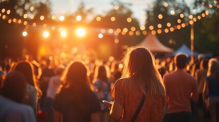 A crowd of people enjoying an outdoor festival at sunset.