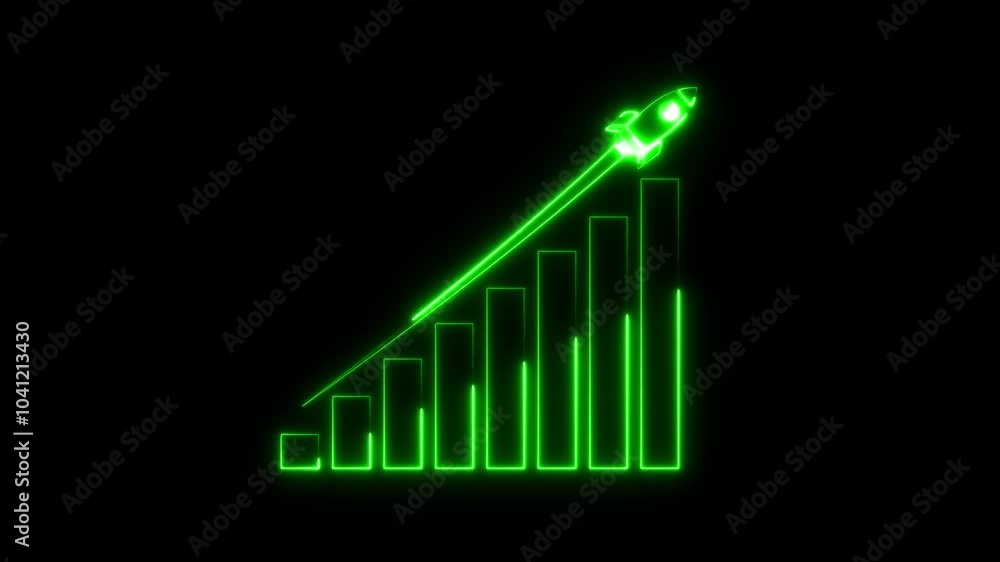 Poster neon arrow rising on graph with rocket sale symbols. abstract business growth and graph chart icon a