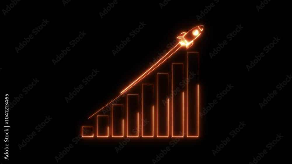 Poster neon arrow rising on graph with rocket sale symbols. abstract business growth and graph chart icon a