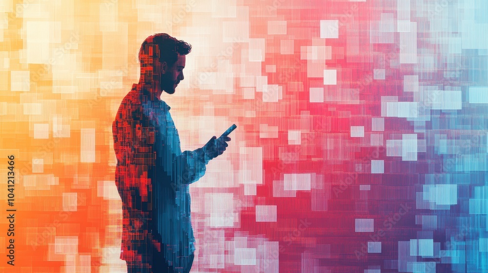 Aufkleber a silhouette of a person using a smartphone against a vibrant, abstract background of digital patter