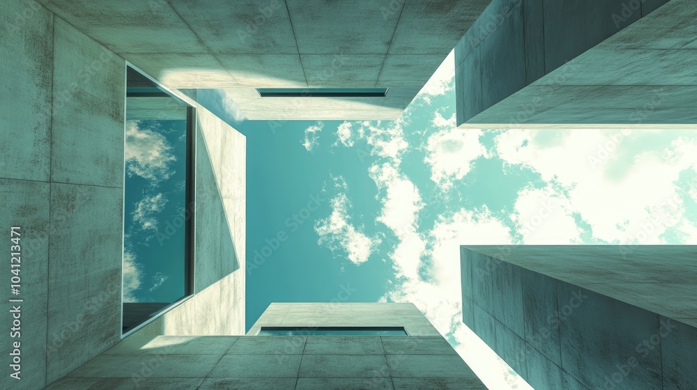 Poster a structure featuring windows against a backdrop of the sky