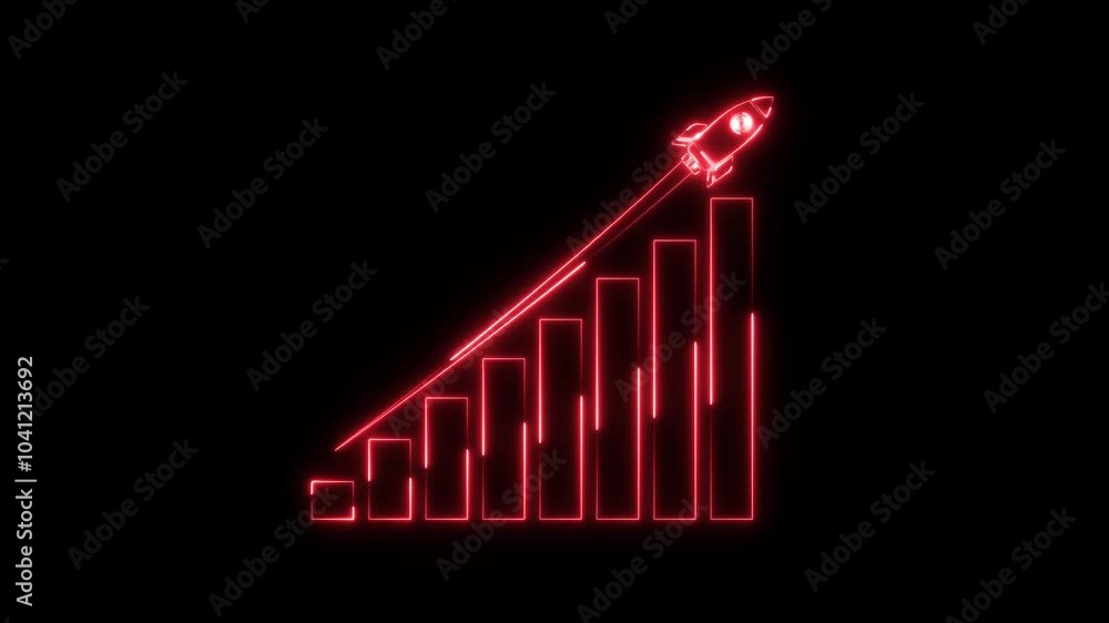 Poster neon arrow rising on graph with rocket sale symbols. abstract business growth and graph chart icon a