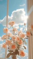 Serene Window View with Pink Roses