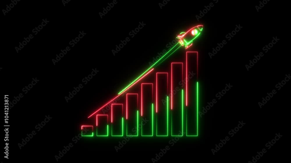 Poster neon arrow rising on graph with rocket sale symbols. abstract business growth and graph chart icon a