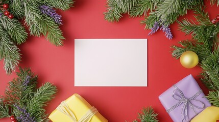 Holiday concept with gifts and blank card on red