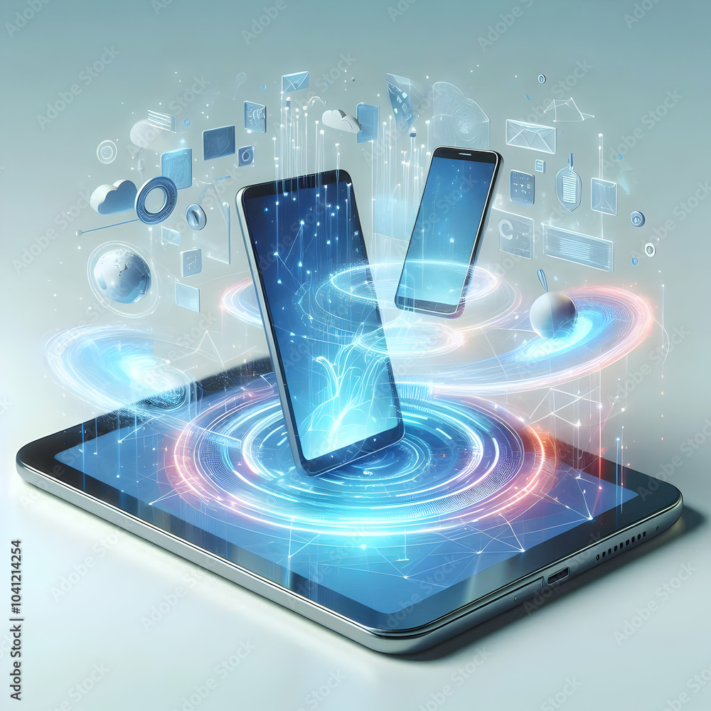 Aufkleber 3d floating holographic tablet smartphone interaction concept, glowing holographic elements connecti
