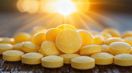 Bright yellow tablets scattered on a wooden surface with sunlight glowing through the background at dawn