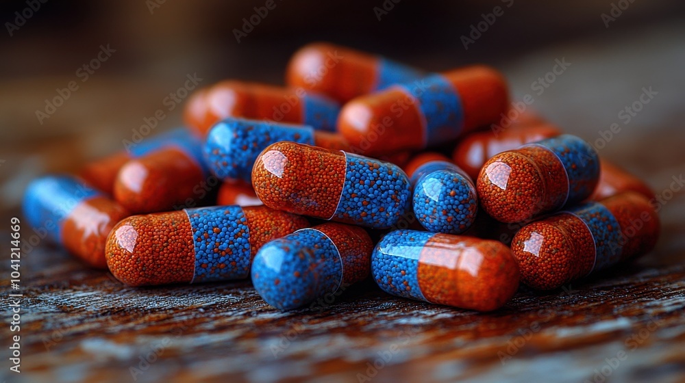 Poster colorful capsules scattered on a wooden surface highlighting intricate patterns and textures in stro