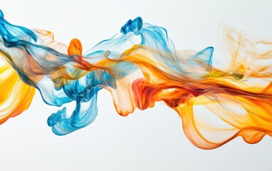 Fototapeta premium Smooth, vibrant ribbons of colored liquid paint flowing gracefully through the air, forming intricate, fluid patterns against a pristine white background. 