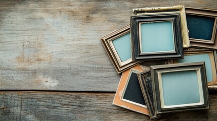 Set of vintage Polaroid style frames arranged on wooden surface