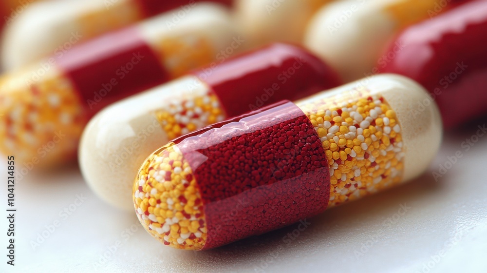 Poster close-up view of colorful capsules arranged neatly on a surface with a focus on details showcasing t