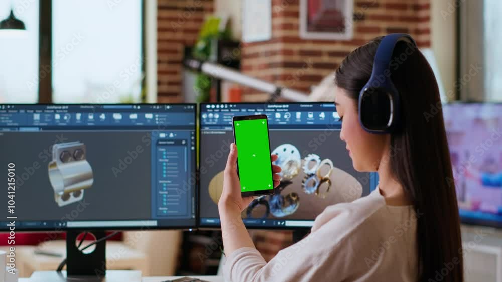Poster asian freelancer developer working with headphones and chroma key screen, creating a new prototype f