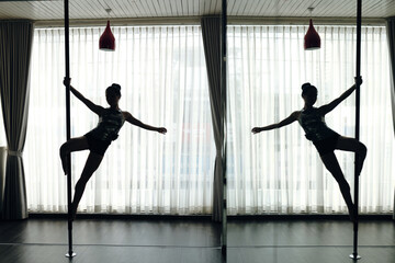 Silhouette of a graceful pole dancer executing an intricate move against a backdrop of large...