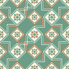 A seamless tribal pattern featuring intricate geometric shapes in earthy green, orange, and beige tones, inspired by traditional design motifs-Vector