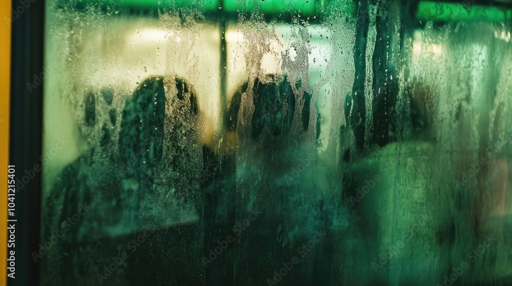 Poster wet glass on a bus window featuring a blurred green backdrop creating an abstract visual of steam an