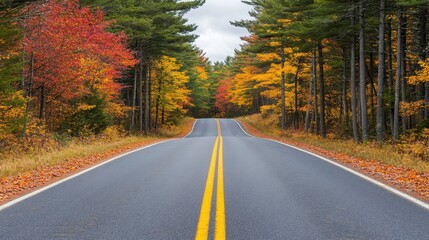 Fototapeta premium A picturesque road framed by vibrant autumn trees showcasing a stunning fall landscape. Perfect for travel and nature themes.
