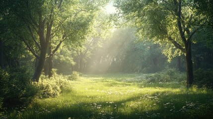 Obraz premium Sunlight filters through the trees illuminating a grassy clearing embraced by lush greenery and tranquil surroundings