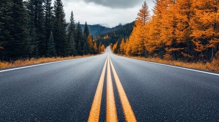 Fototapeta premium A scenic view of a straight road surrounded by colorful trees in autumn, leading towards distant mountains under a cloudy sky.