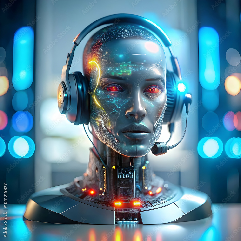 Poster close up ai hologram emerging customer support headset macro image futuristic ai integration custome