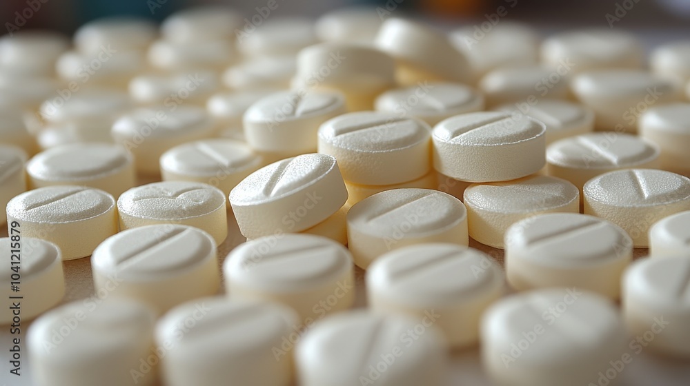 Poster white round pills scattered on a surface, highlighting medication details and texture in a close-up 
