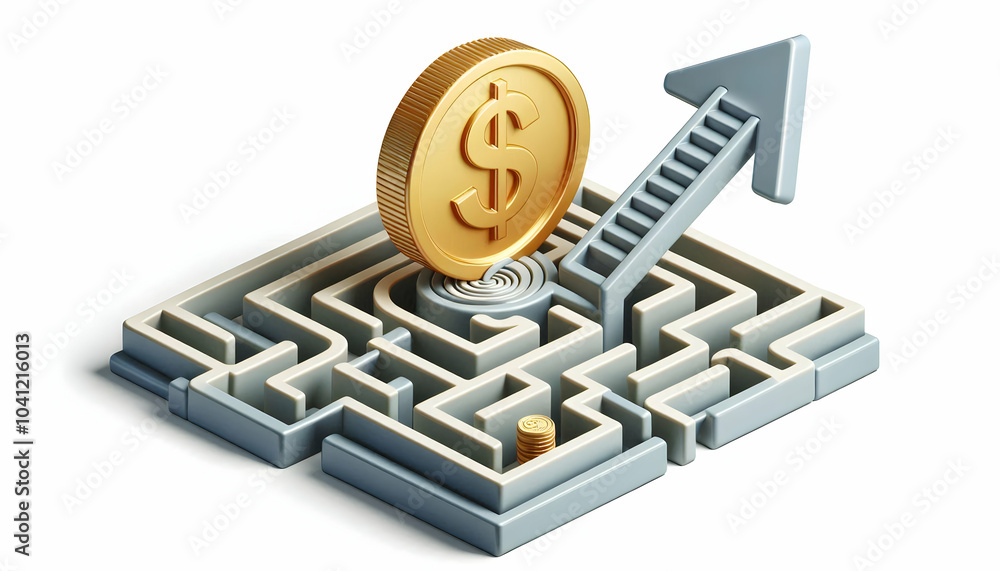 Poster 3d wealth growth labyrinth coin reward concept vector graphic upward arrow maze path towards coin is