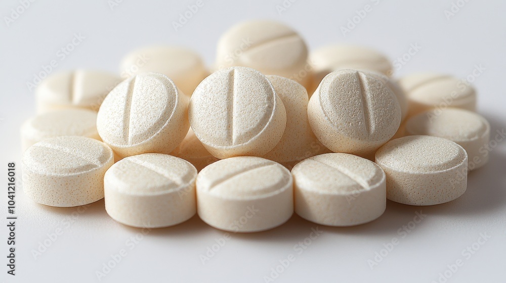 Poster white round tablets arranged in a neat pile on a light background representing pharmaceuticals and h