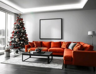 Obraz premium A modern living room with a large orange sofa, a Christmas tree decorated with lights, and a blank framed wall art in the background, mockup balnk white frame.
