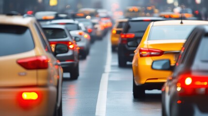 A busy urban street filled with colorful vehicles in heavy traffic during a rainy day, capturing the hustle of city life.