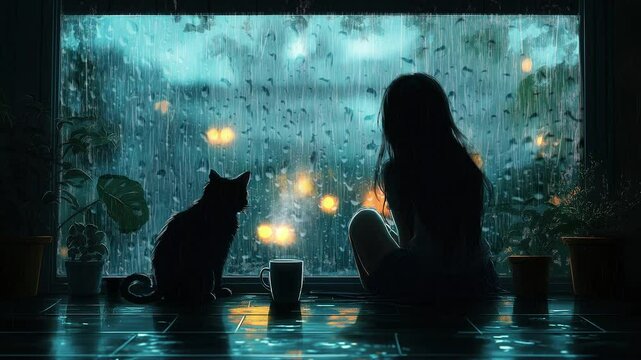 A woman and a cat sitting on the window sill watching the rain. Loop