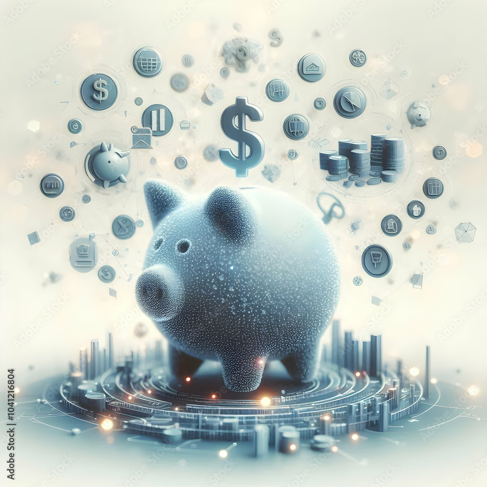 Poster 3d abstract bokeh piggy bank with investment symbols | soft bokeh background | isolated white backgr