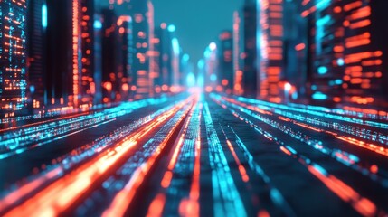 Fototapeta premium A futuristic cityscape featuring vibrant blue and red neon lights, conveying a sense of speed and technological advancement.